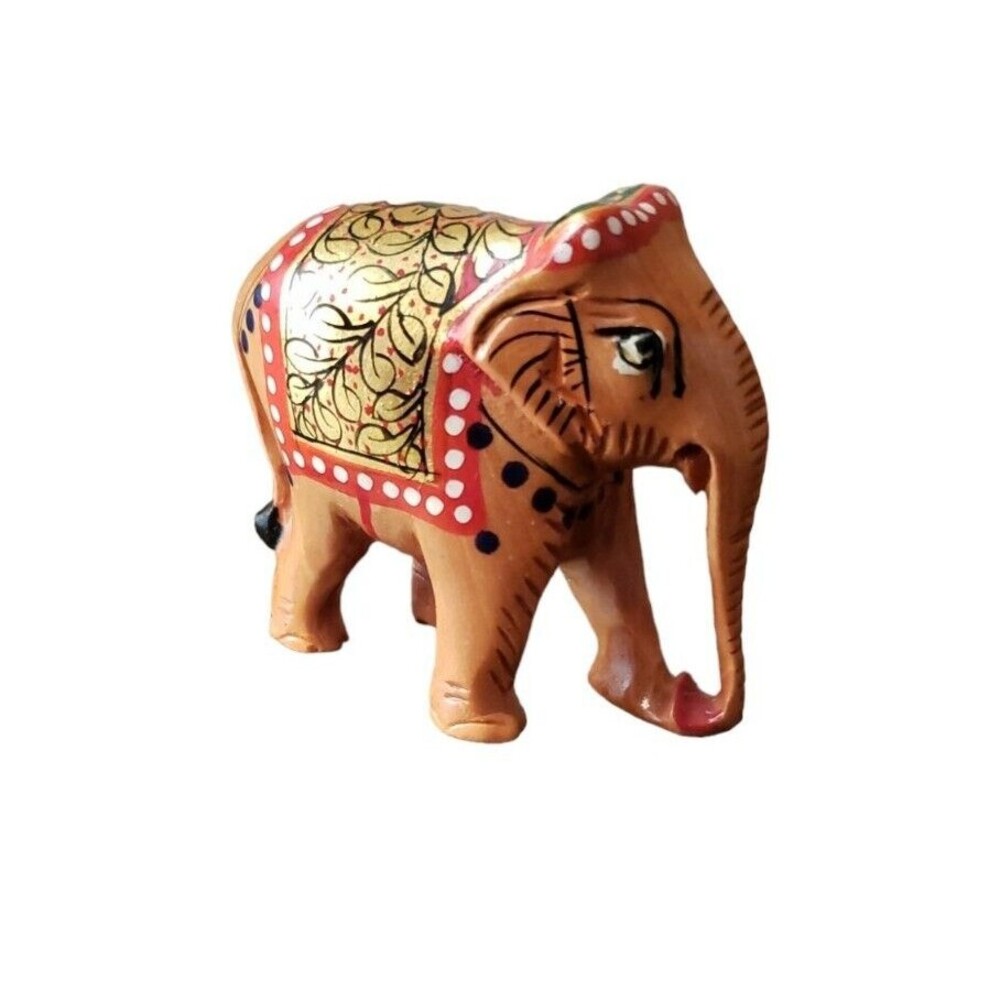 Miniature Wood Carved Hand Painted Elephant Red Gold Ornate 2" x 2"